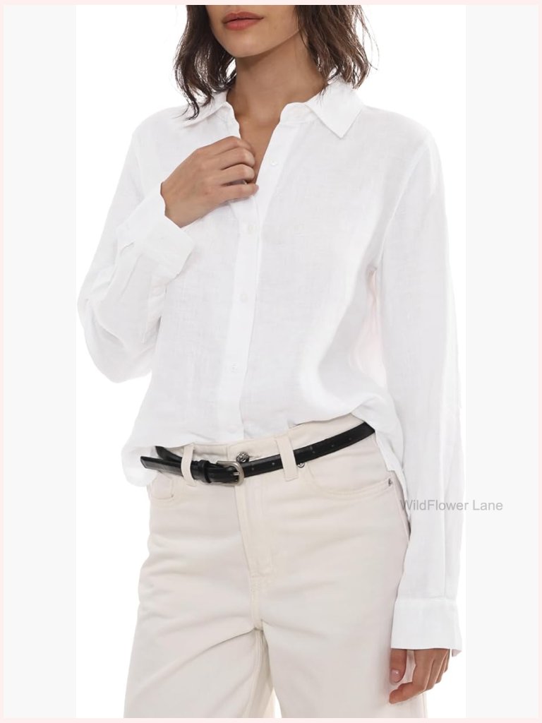 100% Linen Button Down Shirt Long Sleeve Blouse Casual Office